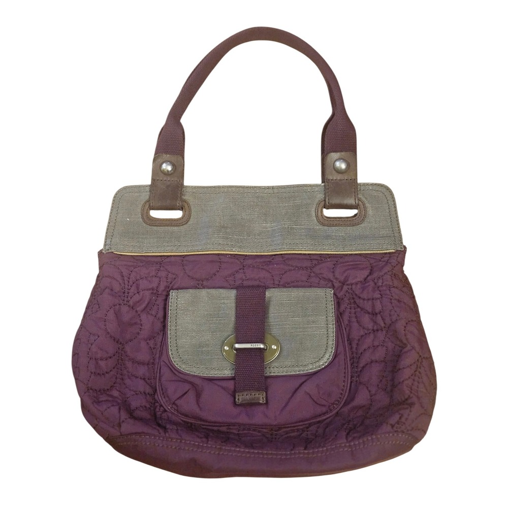 Fossil‎ Quilted Purple Handbag Canvas Leather Accents Top Handle Bag